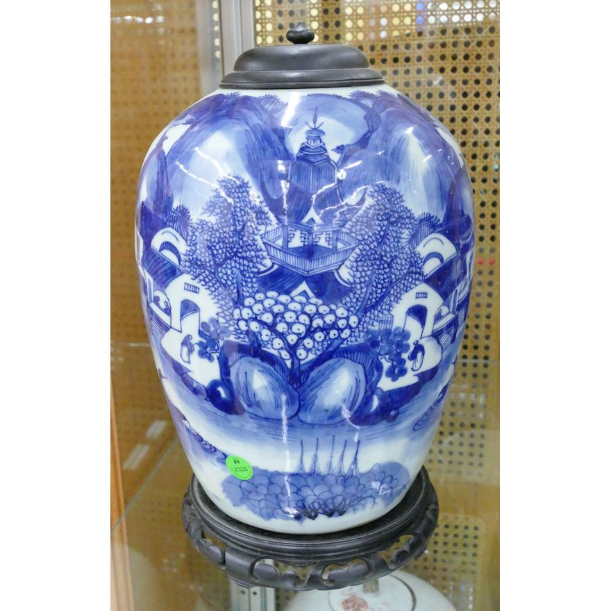 Antique Chinese B&W Landscape Jar on Stand 14''