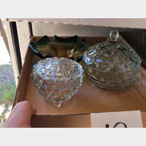 "Fostoria Style" lidded dishes and heavy green hand blown bowl