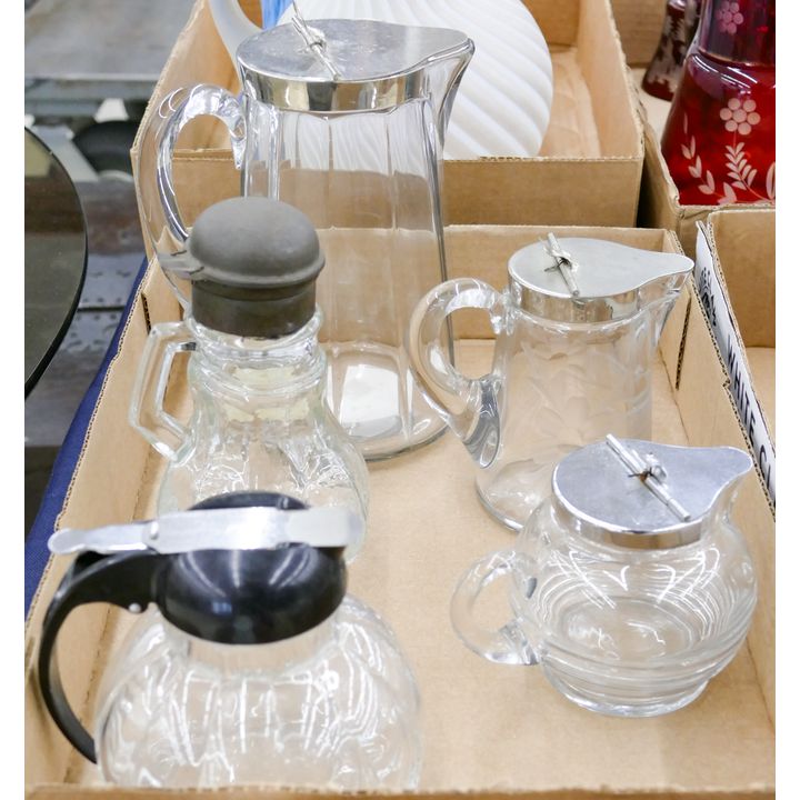 Box 5pc Old Glass Syrup & Cream Pitchers etc.