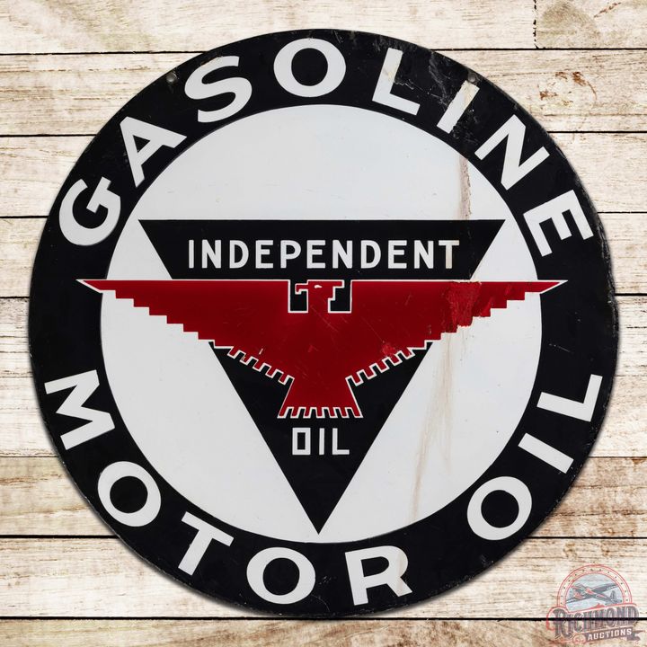 Independent Gasoline Motor Oil 32" Double Sided Porcelain Sign w/ Thunderbird Logo