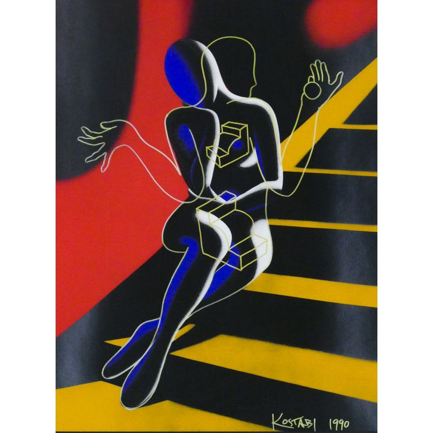 Mark Kostabi ''Seated Figure on Stairs'' 1990 Lithograph