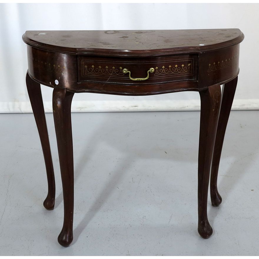 BRASS INLAID ONE-DRAWER DEMI-LUNE TABLE