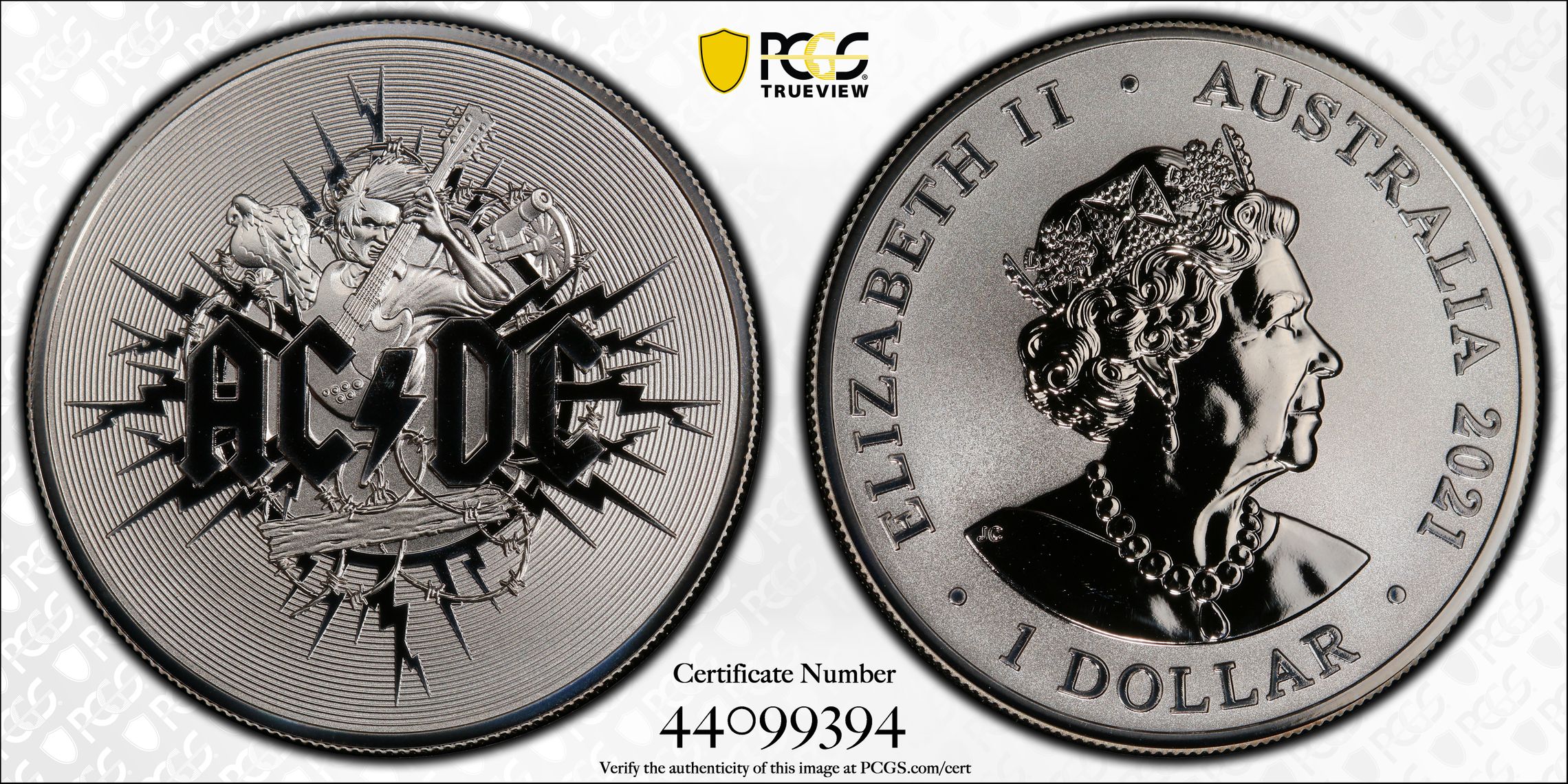 2021 Australia One Dollar, $1 99.99% Silver AC/DC - Frosted Uncirculated PCGS - MS69 -394
