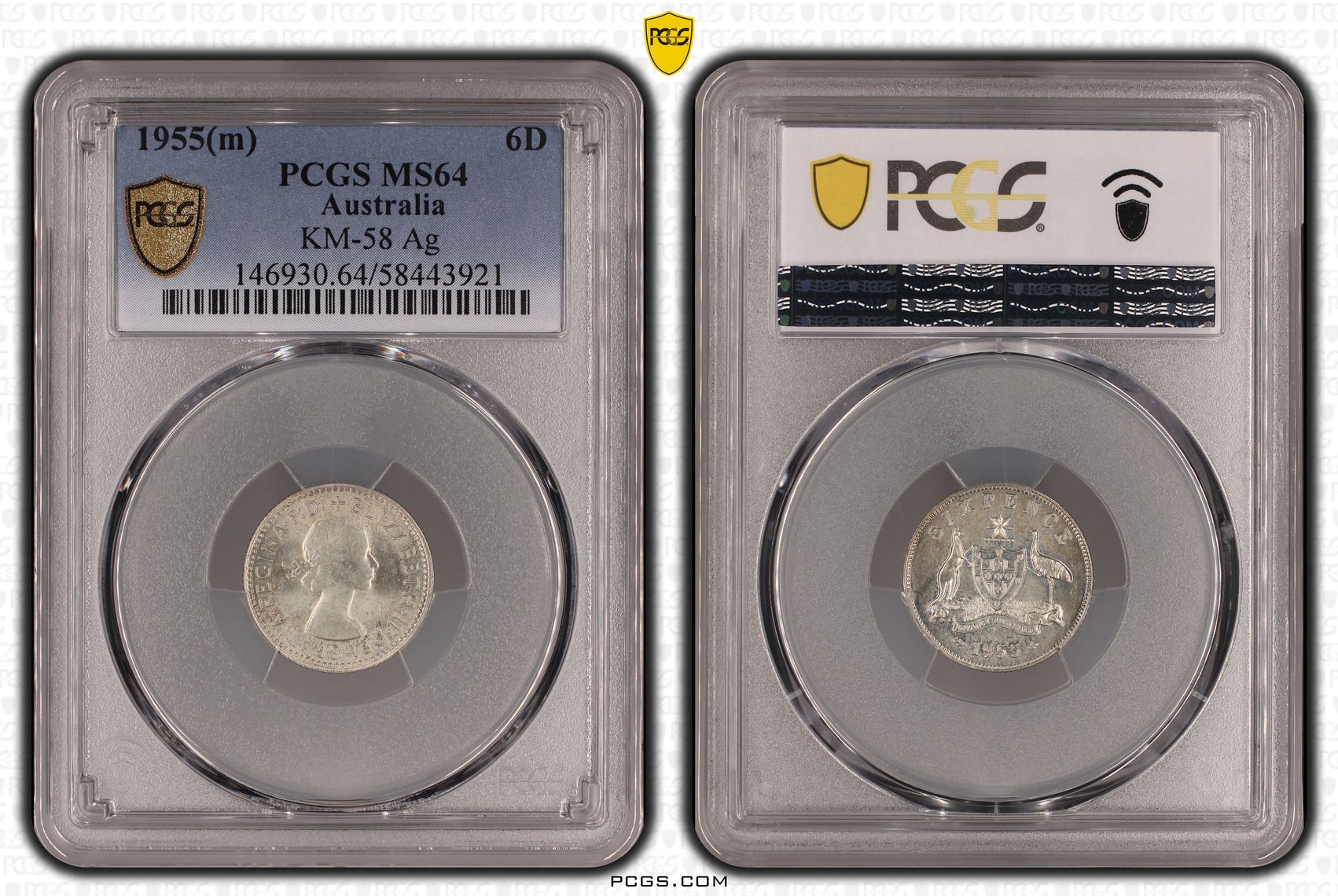 KM-58 Silver, Sixpence, 1955(m), PCGS MS64