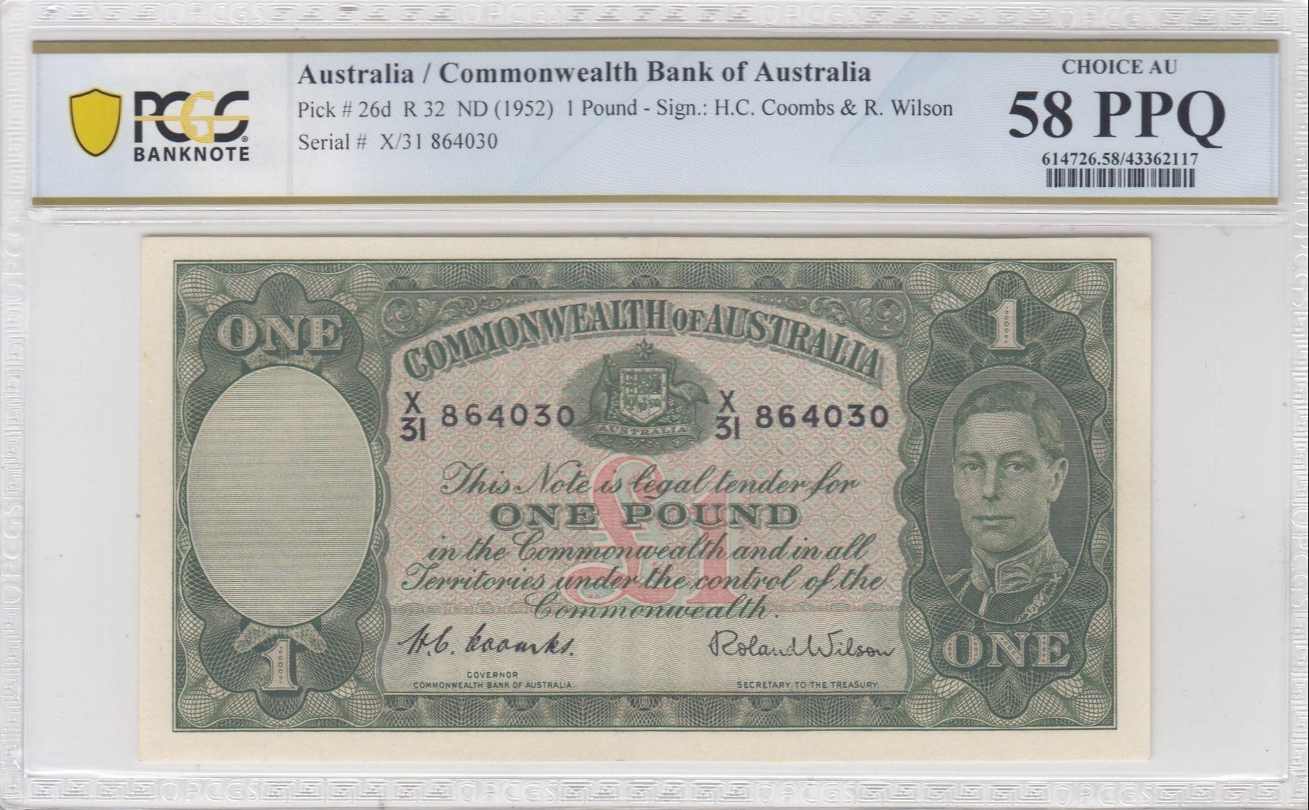 87 · Commonwealth Bank of Australia, Sign.: H.C. Coombs & R. Wilson, 1 Pound, ND (1952), PCGS - Choice AU 58 PPQ