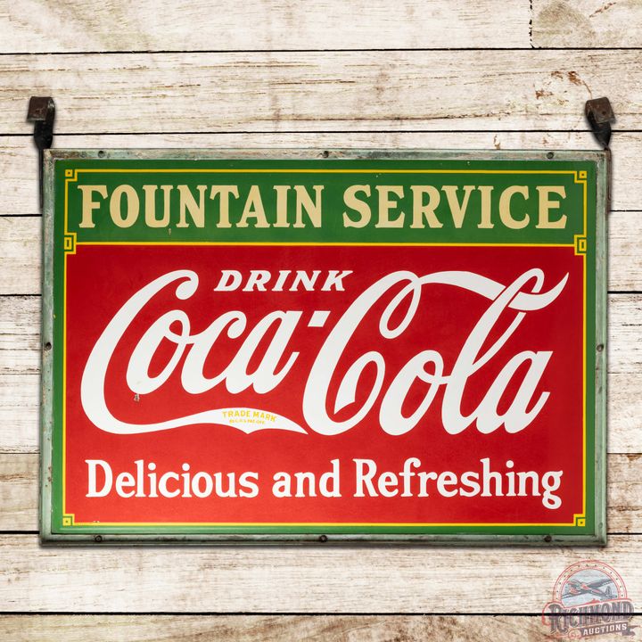 1933 Fountain Service Drink Coca-Cola "Delicious and Refreshing" Double Sided Porcelain Sign w Frame