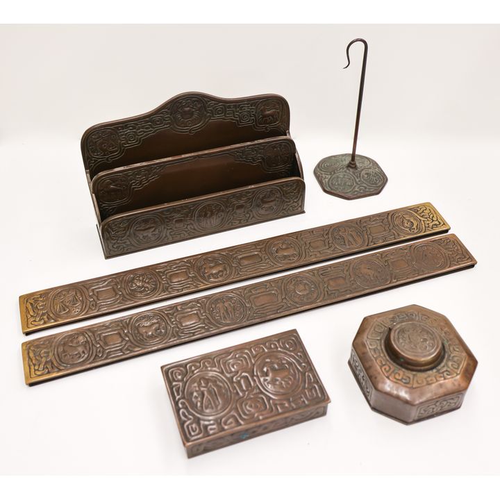 5pc Tiffany Studios Zodiac Bronze Desk Set