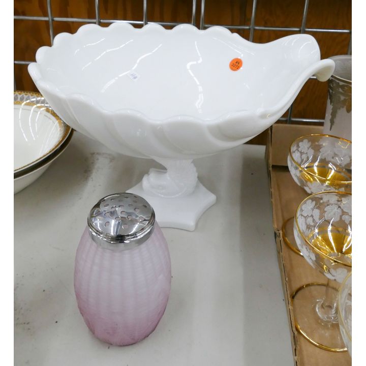 2pc Westmoreland Glass Large Shell Compote & Fenton Pink Corn Sugar Shaker