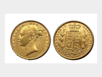 1852 VICTORIA YOUNG HEAD LONDON MINT SHIELD GOLD SOVEREIGN