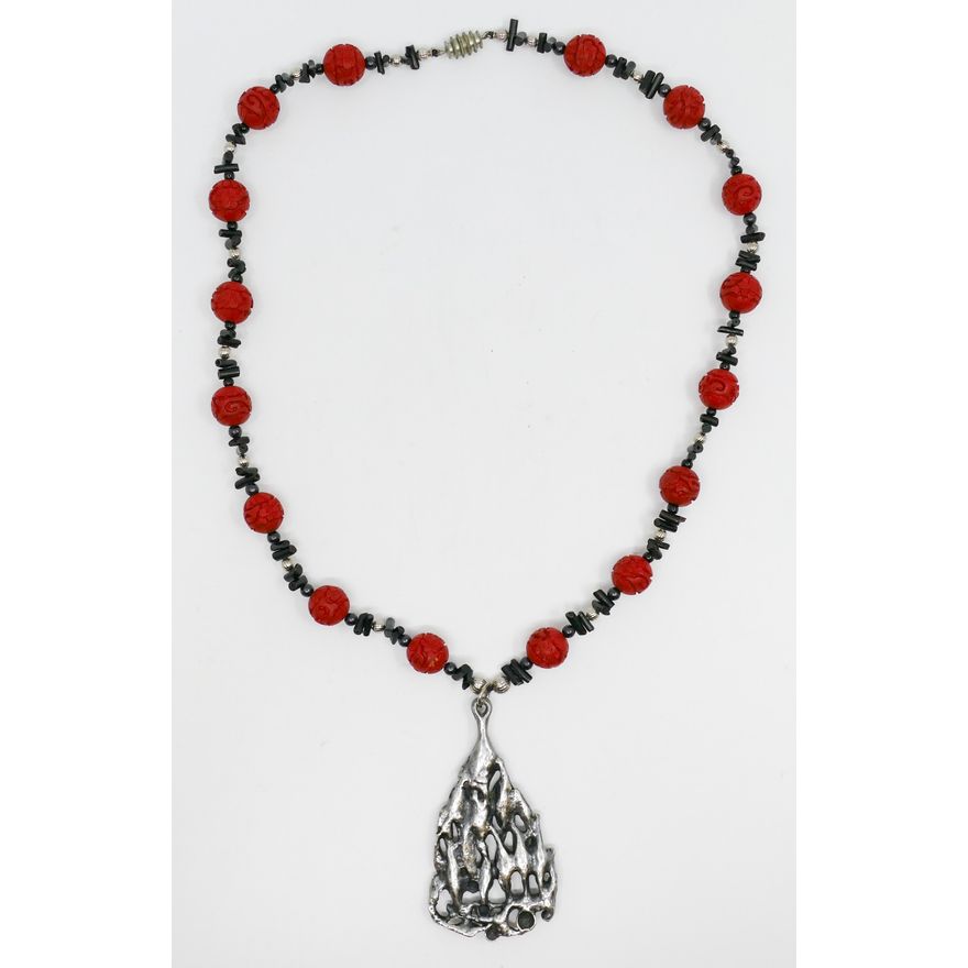 Modernist Sterling Pendant Necklace with Cinnabar Beads 24'' - 3'' Pendant