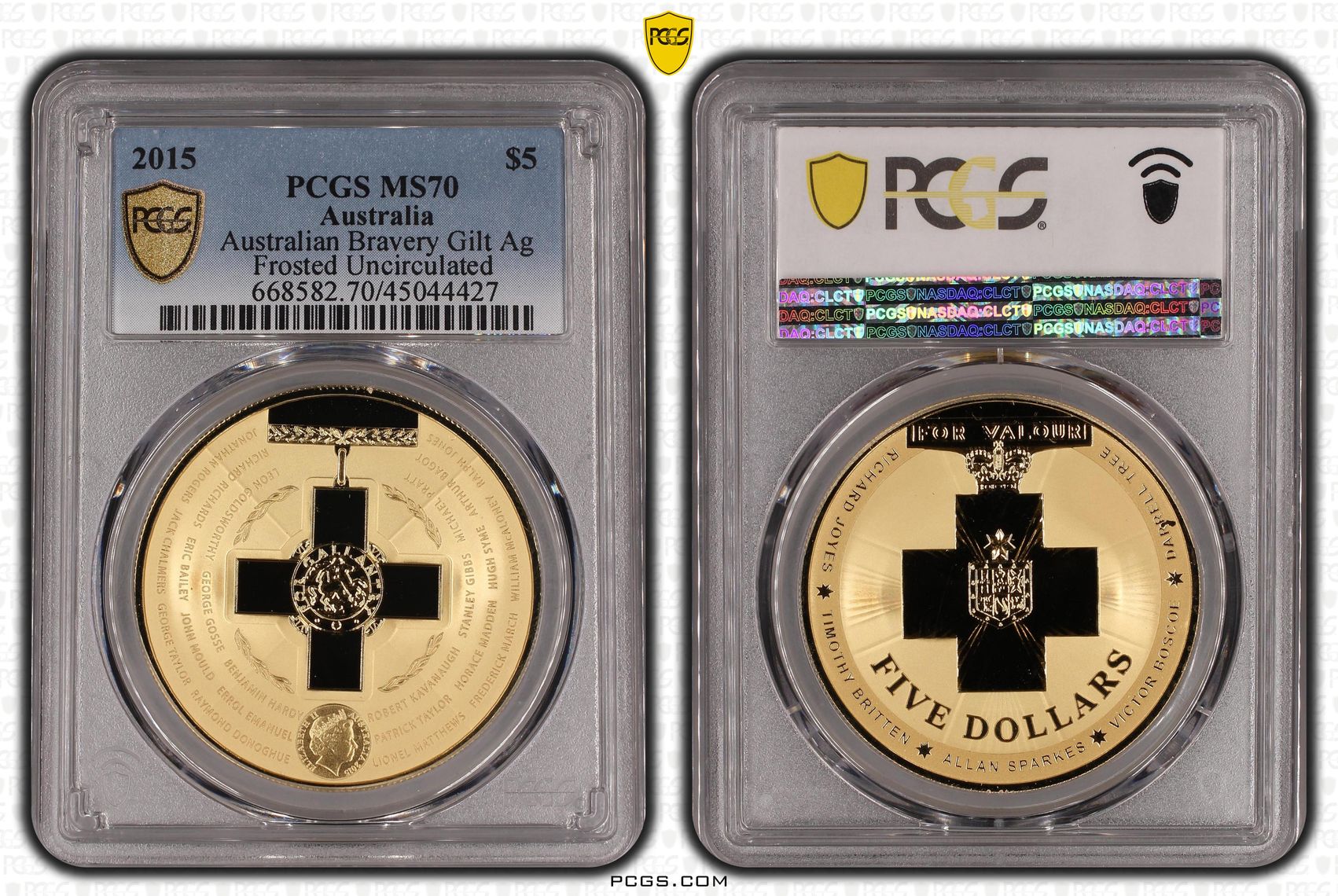 2015 Australia Five Dollar, $5 Gilt Silver Australian Bravery Gilt Ag Frosted Uncirculated PCGS - MS70 POP 4/0 -427