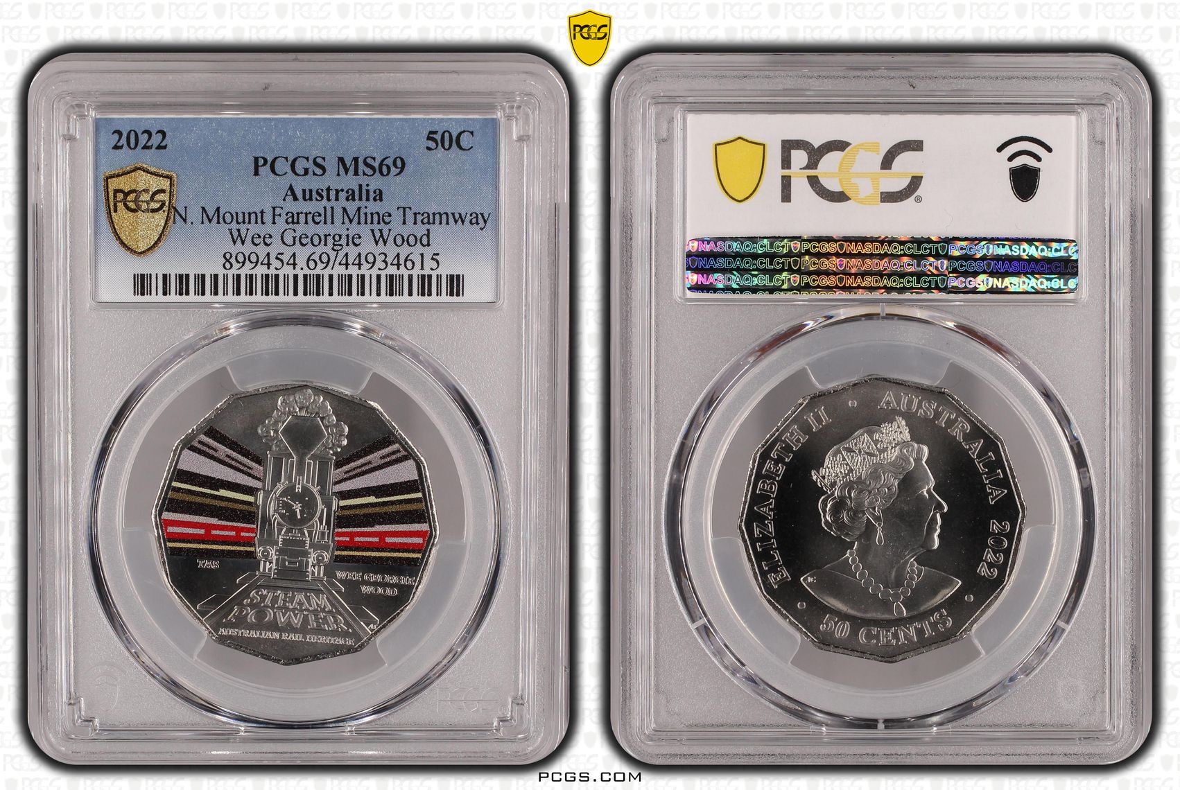 412 · Tasmania Wee Georgie Wood - Rail Heritage Colorized, Fifty Cent, 2022, PCGS MS69