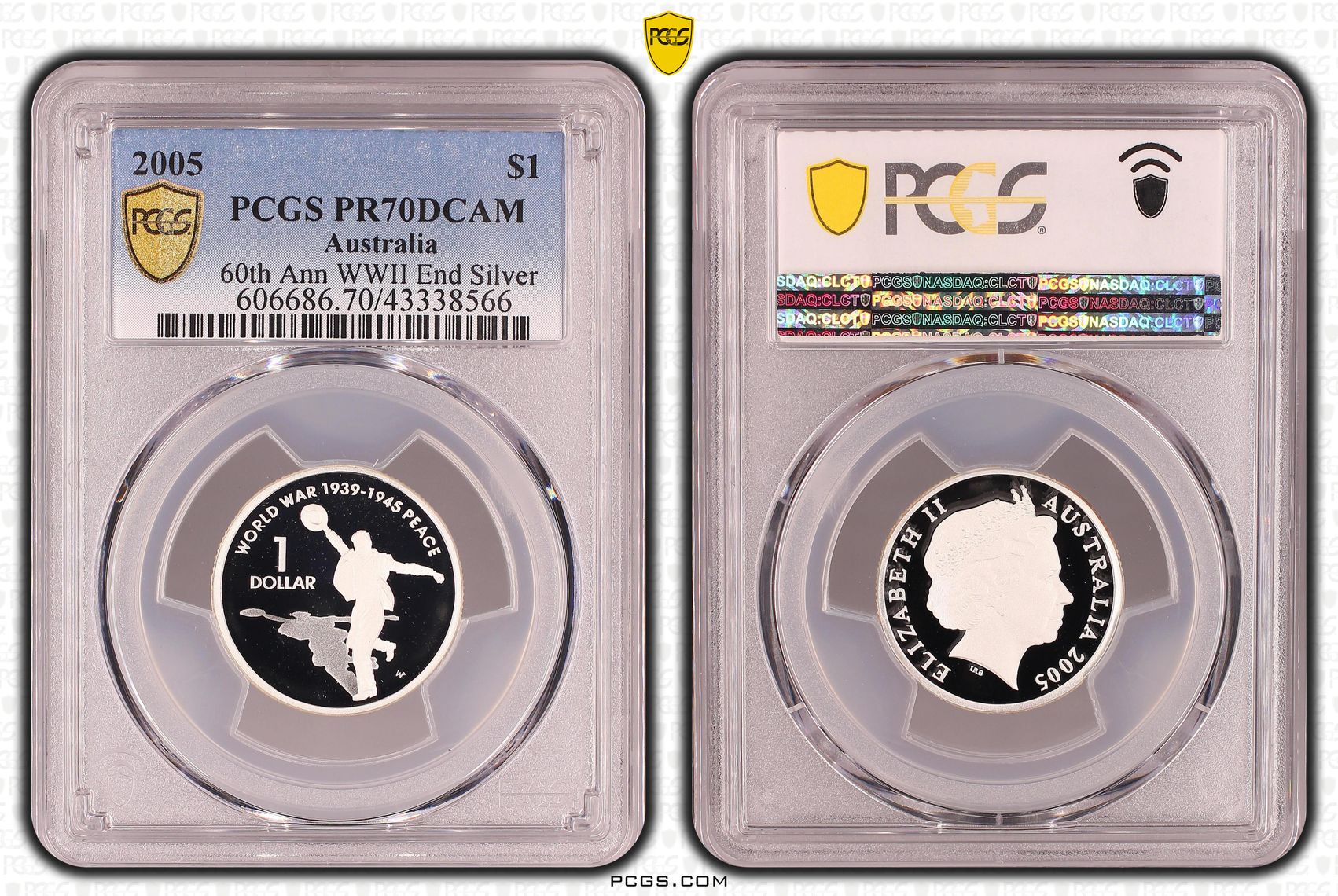 374 · 2005 Australia One Dollar, $1 Silver 60th Ann WWII End Silver PCGS - PR70DCAM POP 7/0 -566