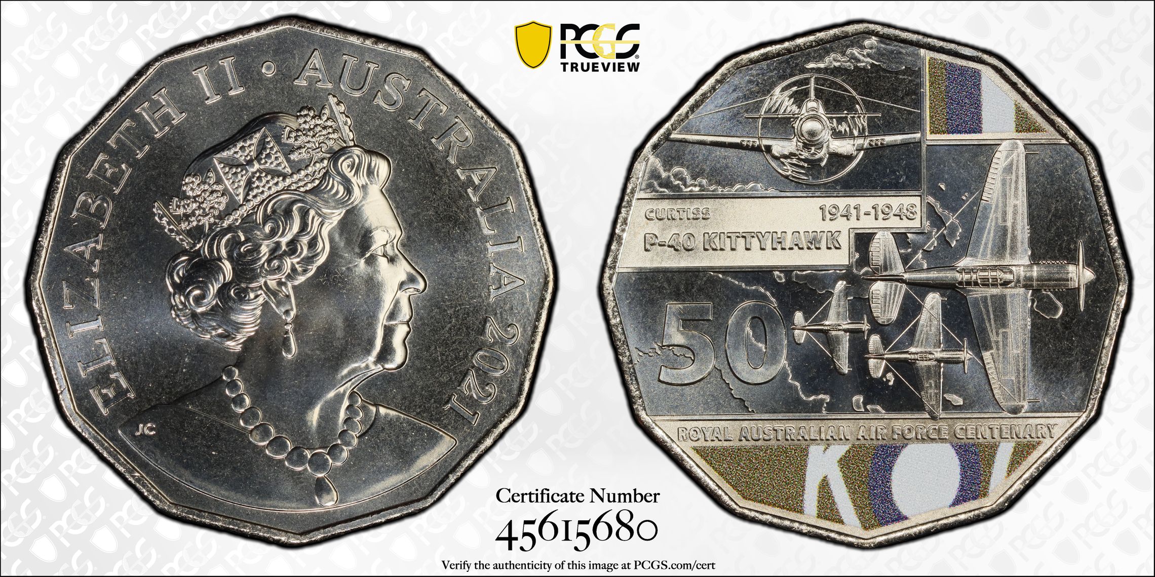 398 · Centenary of the RAAF P-40 Kittyhawk, Fifty Cent, 2021, PCGS MS69