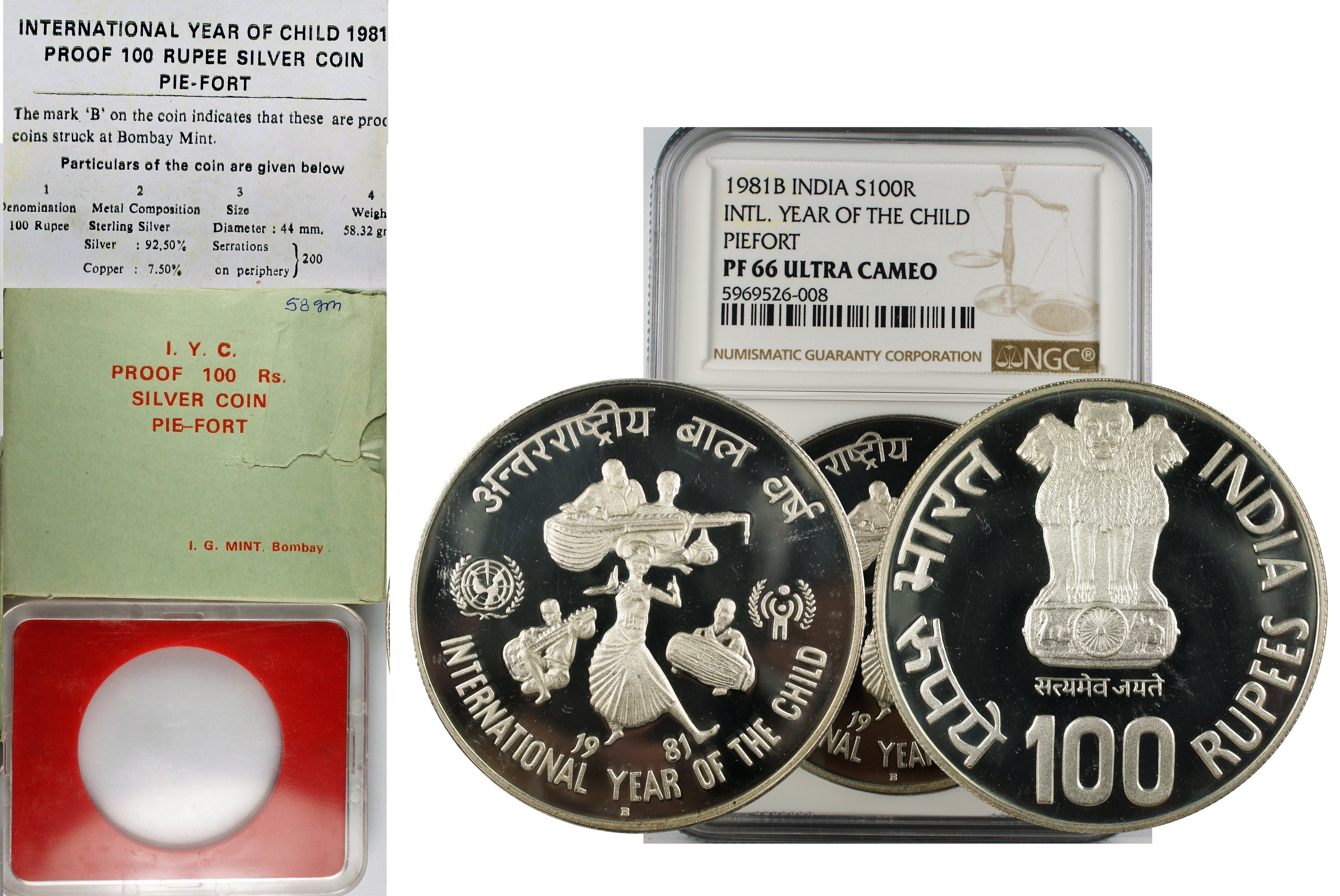 1981 B INDIA SILVER 100 RUPEE INTL. YEAR OF THE CHILD PIEFORT PF66 ULTRA CAMEO