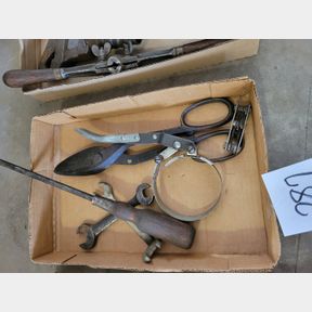 Misc antique tools, ring compressor and tin snips