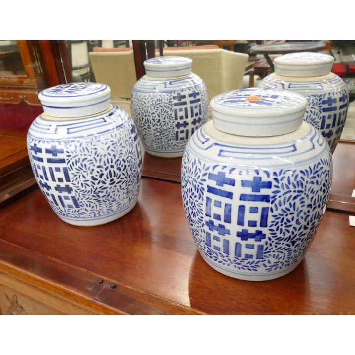 Pair Old Chinese B&W Double Happiness Jars- 10''