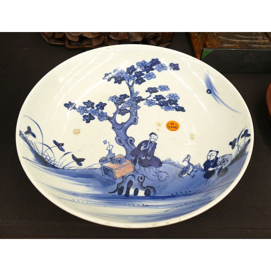 Old Chinese Blue & White Bowl with Copper Red 11''