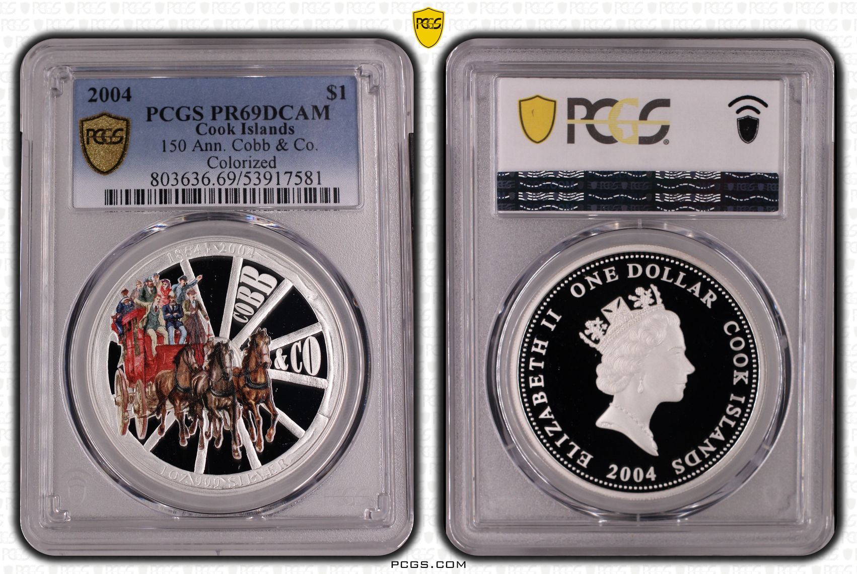 Cook Islands, 150 Ann. Cobb & Co. Colourised, One Dollar, 2004, PR69DCAM
