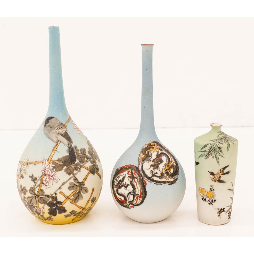 3pc Takeuchi Chubei Japanese Sharkskin Porcelain Vases
