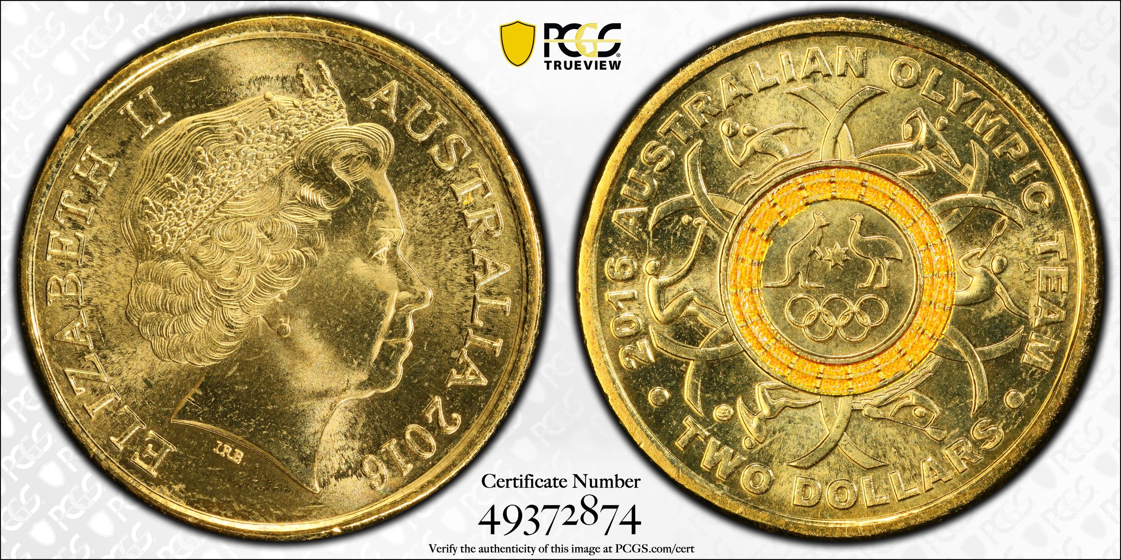429 · Elizabeth II, Olympic Team - Yellow , Two Dollar, 2016, PCGS MS67