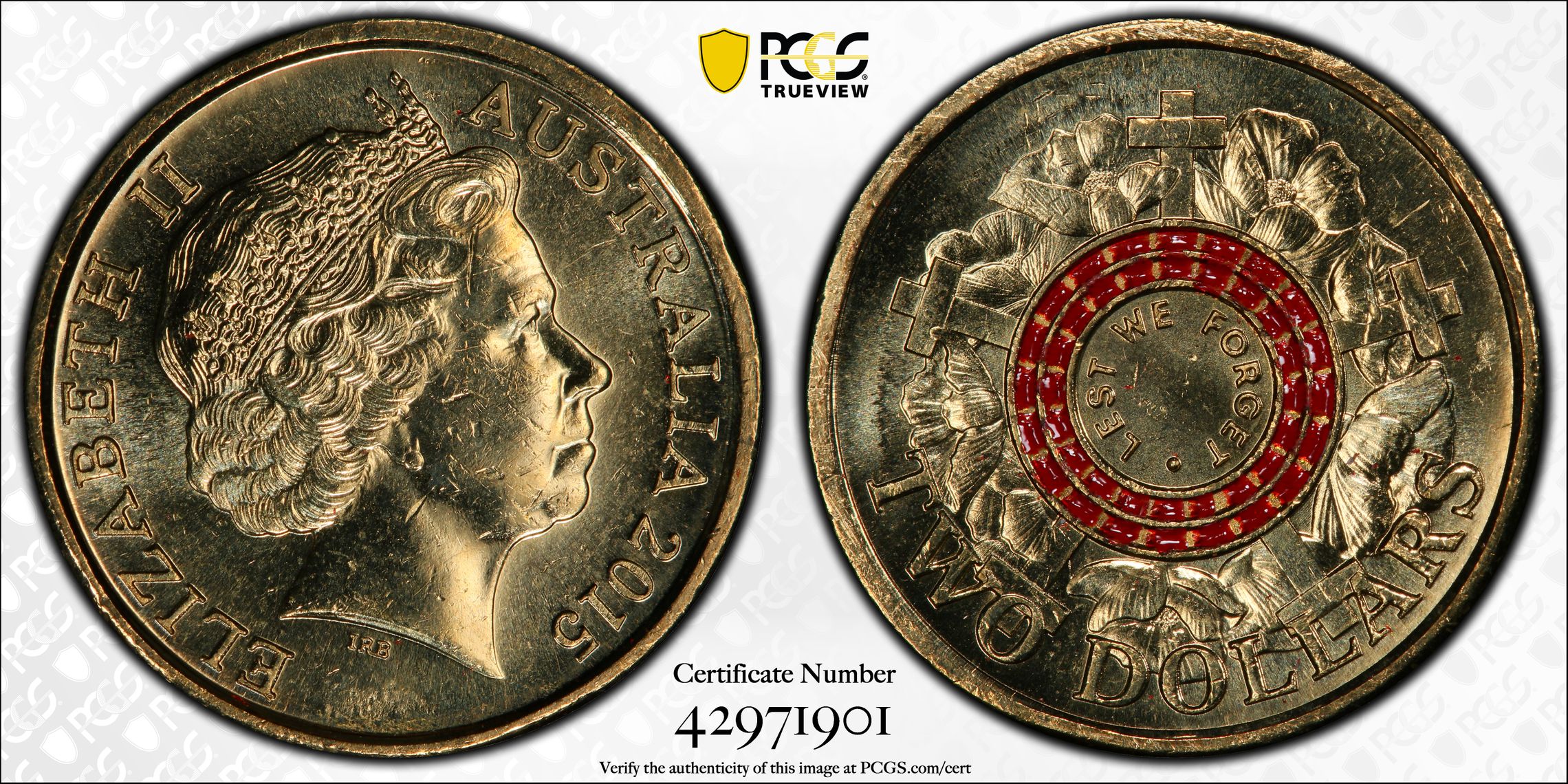 Elizabeth II, Lest We Forget Colorized, Two Dollar, 2015, PCGS MS64