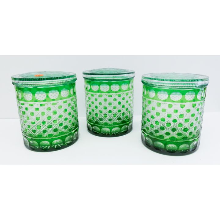 3pc Bohemian Green Cut to Clear Glass Covered Canisters- 7x6''