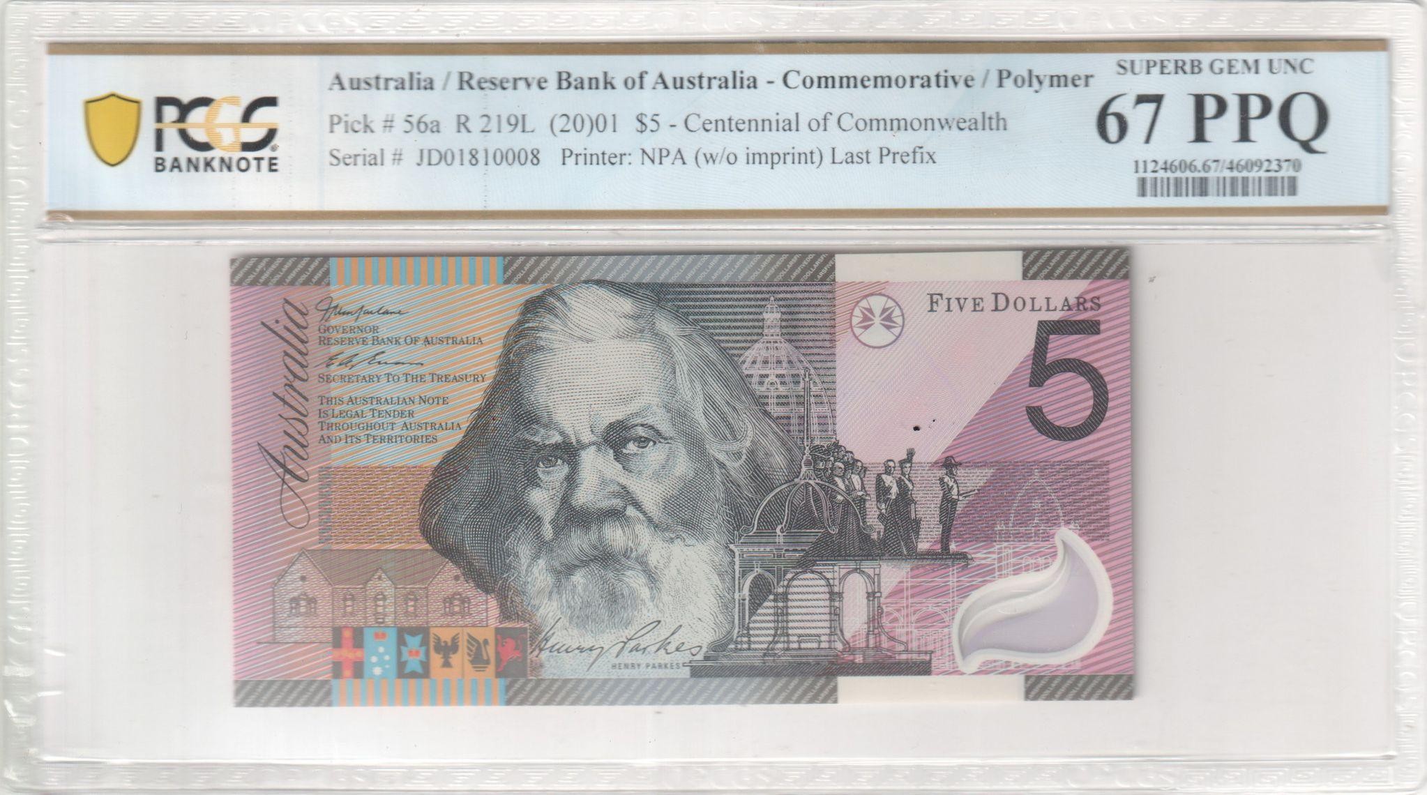 132 · RBA, NPA (w/o imprint), Centennial of Commonwealth, Last Prefix, Five Dollar, 2001, PCGS - Superb Gem UNC 67 PPQ