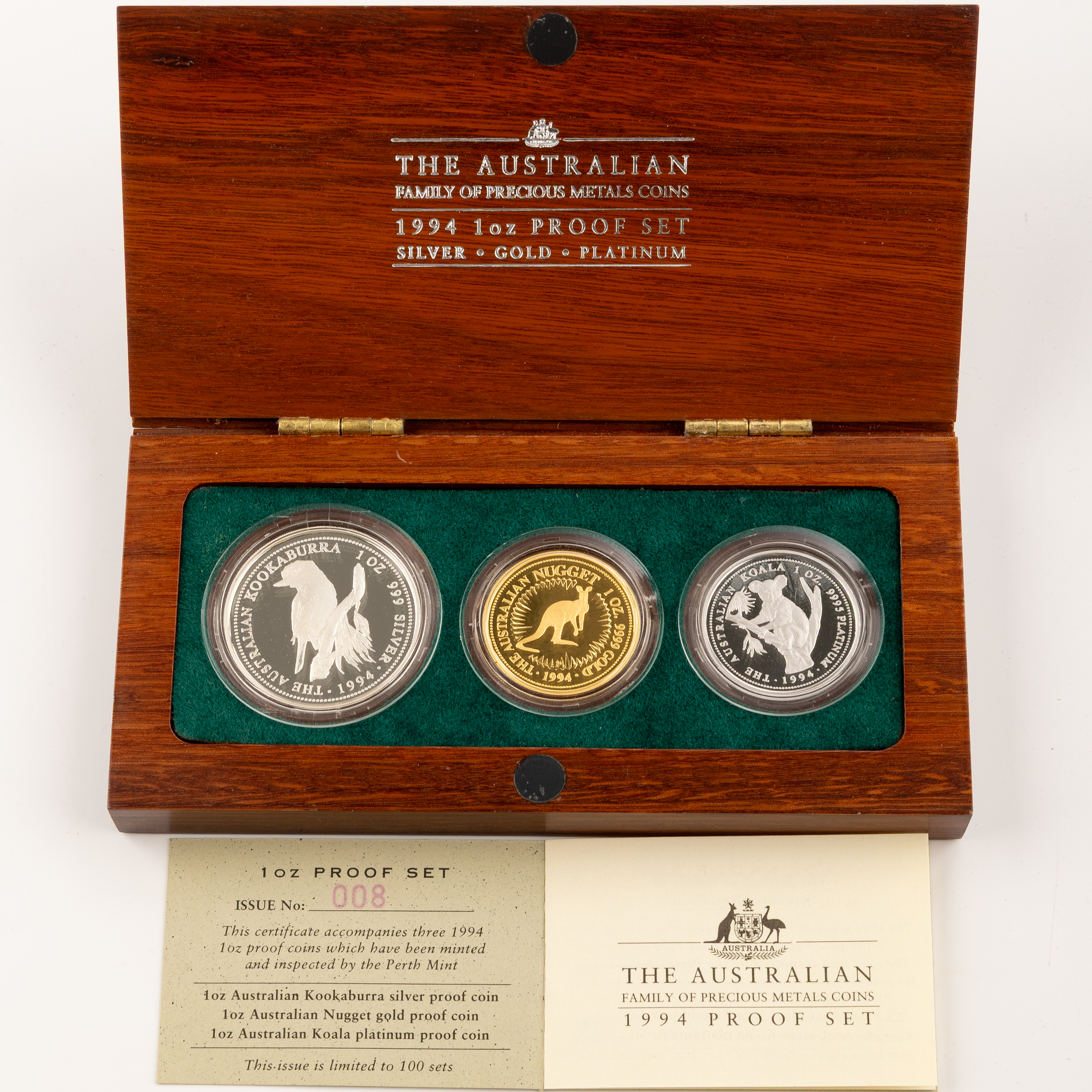 Elizabeth II, Three Metal Proof Set, Silver, Gold, Platinum, One Dollar - One Hundred Dollars, 1994, FDC