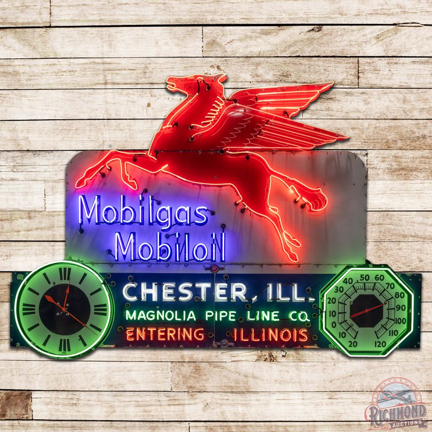Scarce Mobilgas Mobiloil Die Cut SS Porcelain Neon Sign Chester Bridge w/ Pegasus