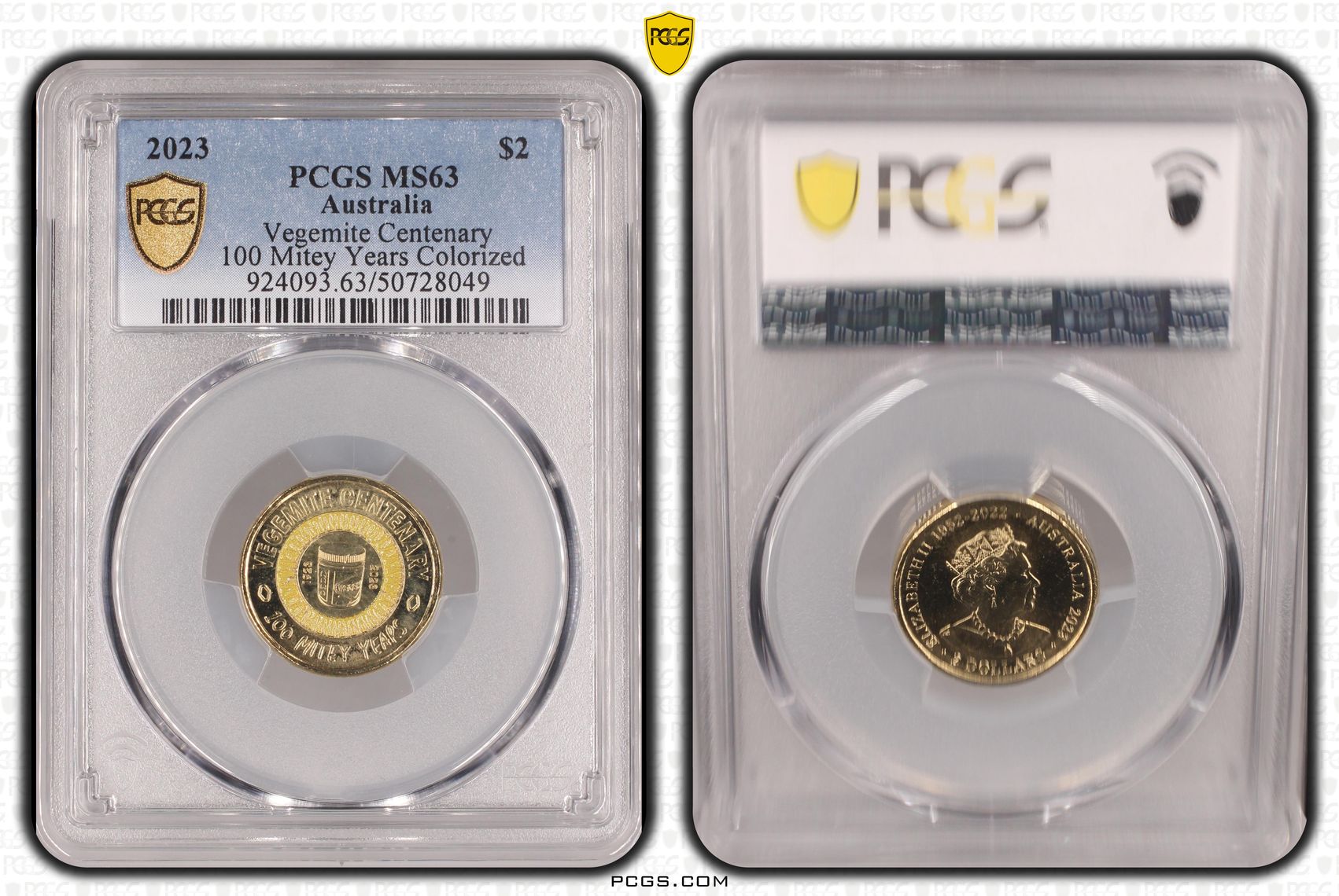Vegemite Centenary Colorized 100 Mitey Years , Two Dollar, 2023, PCGS MS63
