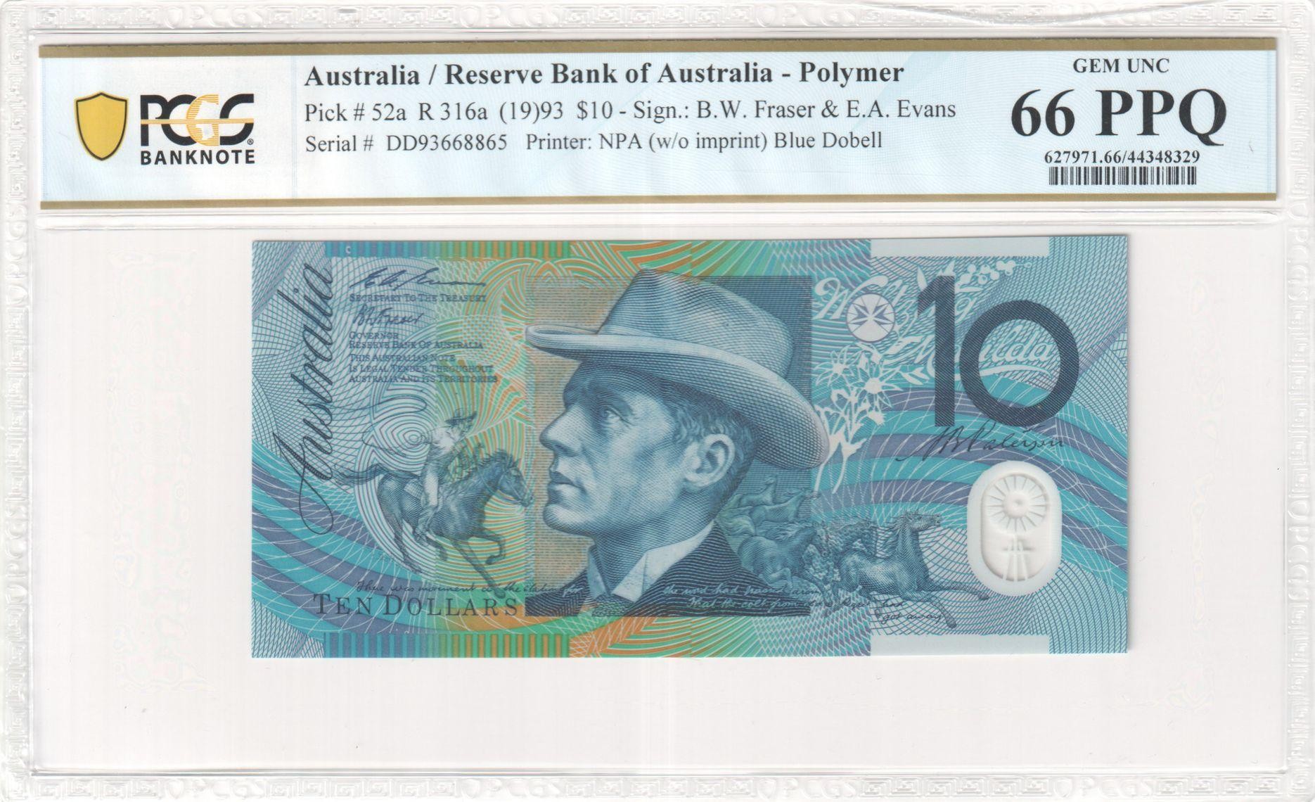 173 · RBA, Polymer, NPA (w/o imprint), Sign.: B.W. Fraser & E.A. Evans, Blue Dobell, Ten Dollar, 1993, PCGS - Gem UNC 66 PPQ
