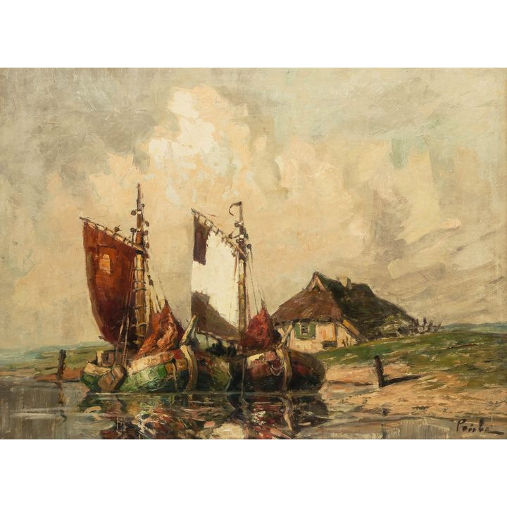 Rudolf Priebe | Pejzaż z łodziami i chałupą