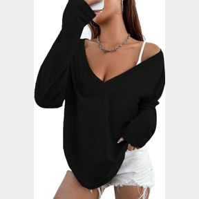 AVANOVA WOMEN DEEP V NECK OVERSIZED LONG SLEEVE TEE SHIRT DROP SHOULDER TOP BLACK X-LARGE