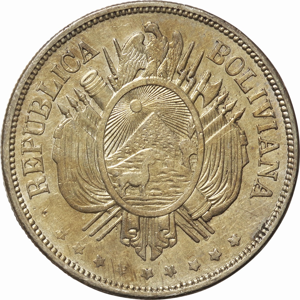 ボリビア-Bolivia. 極美. EF. Silver. 1ボリビアーノ(Boliviano). 紋章 ...