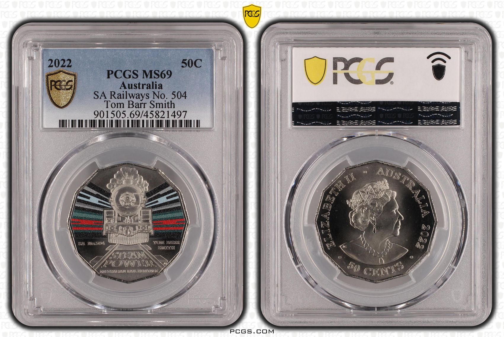 SA Railways No. 504 Tom Barr Smith Colorized, Fifty Cent, 2022, PCGS MS69