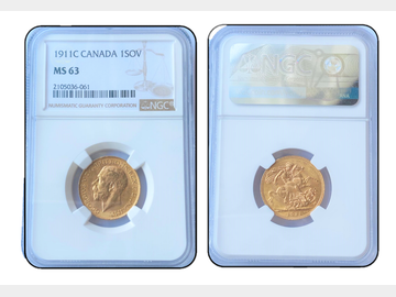 1911 GEORGE V CANADA MINT GOLD SOVEREIGN NGC MS 63