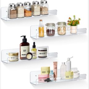 4 PACKS 4 PACK FLOATING SHELVES FOR STORAGE, 15" BATHROOM WALL SHELVES, ACRYLIC SHELVES FOR ROOM DECOR, BEDROOM, KITCHEN, LIVING R