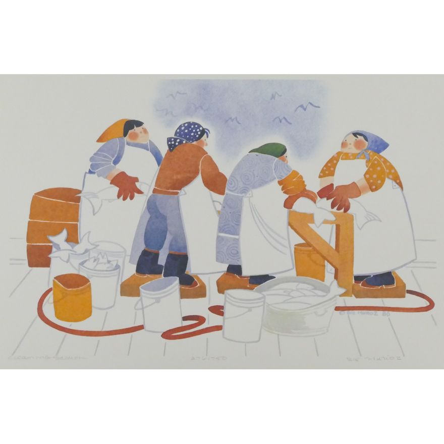 Rie Munoz "Cleaning Salmon" 1987 Signed Print 13" x 17.5" Sheet.