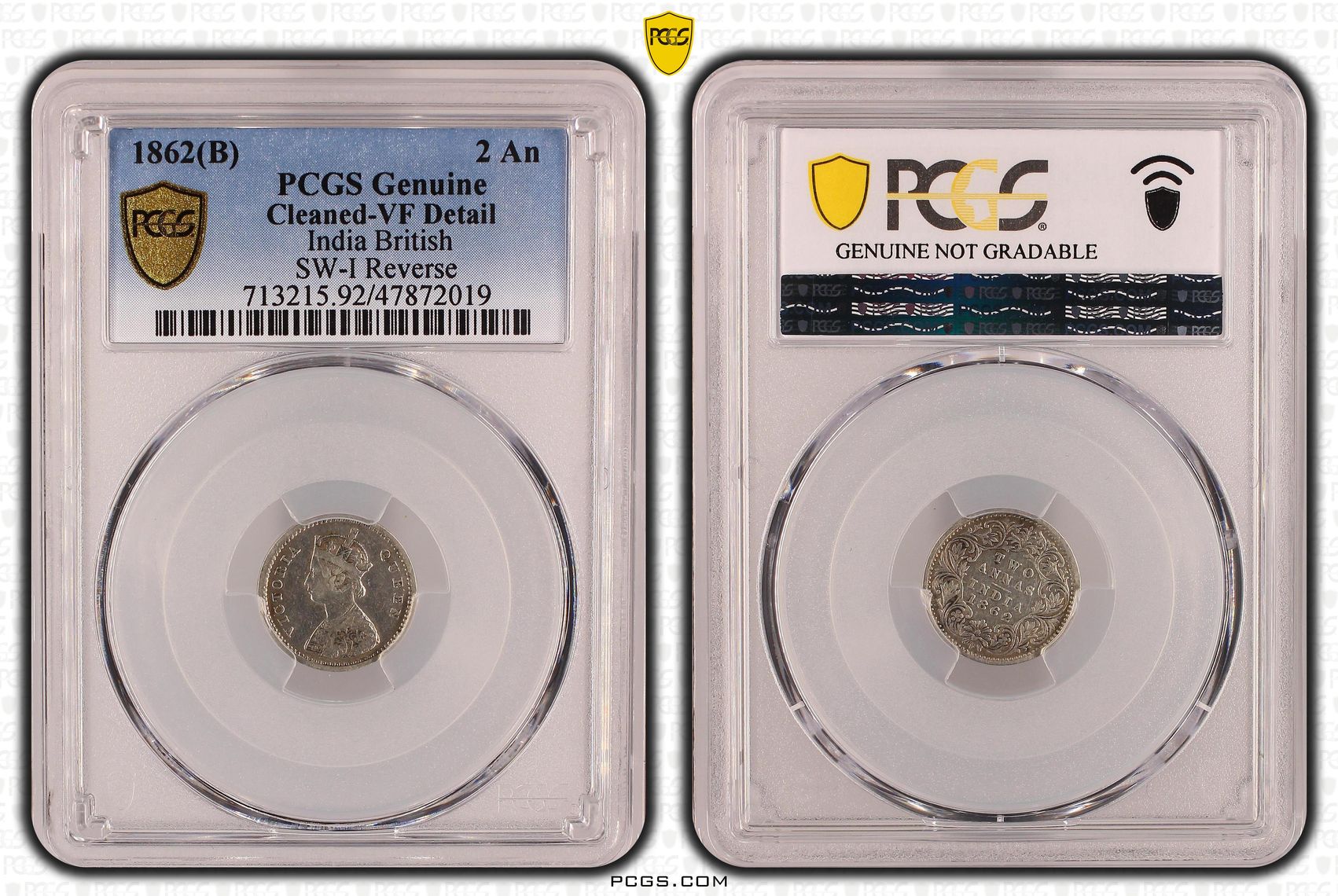India British, SW-I Reverse, Two Anna, 1862(B), PCGS Genuine - VF Details (92 - Cleaned)
