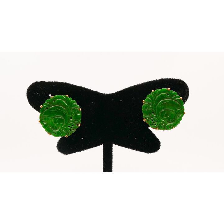 Pair Chinese 14K Jade Button Earrings- clip backs- .75''- 6.4g TW