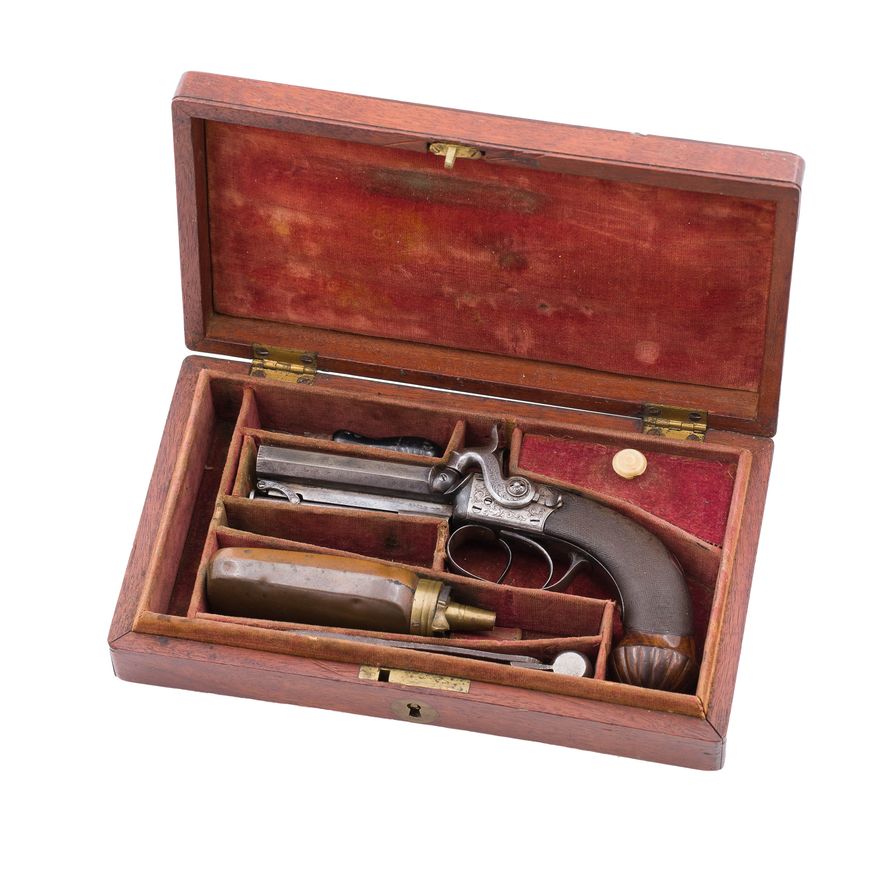 Pistolet kapiszonowy dwulufowy w kasecie, Anglia, l. 1838–1845