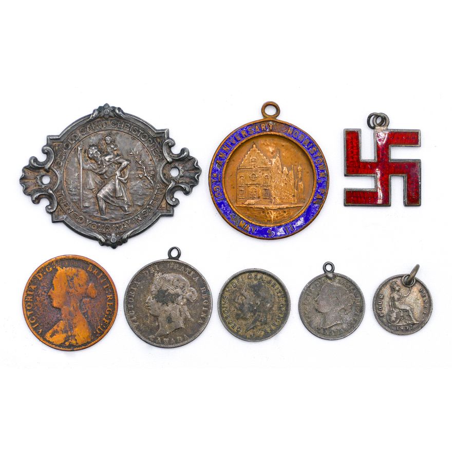Box Antique Enameled Medals & Coin Pendants
