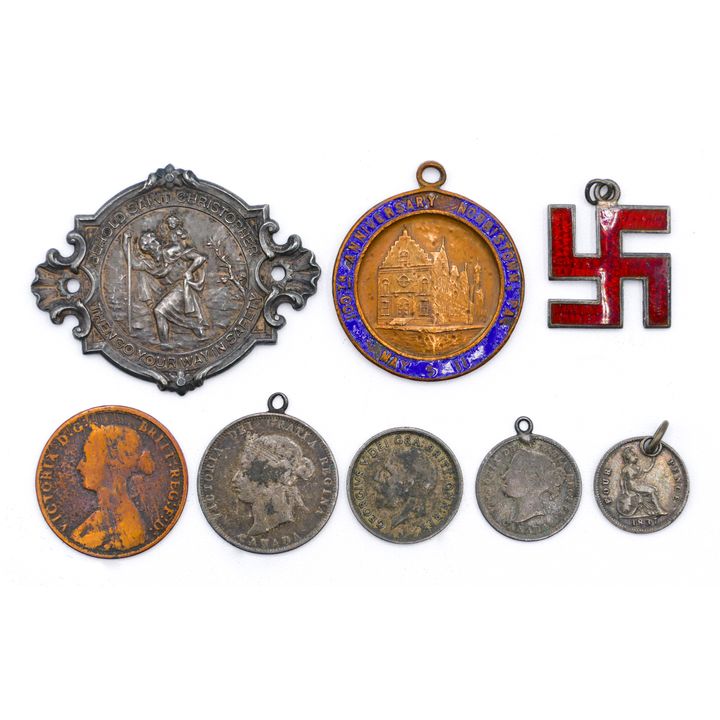 Box Antique Enameled Medals & Coin Pendants