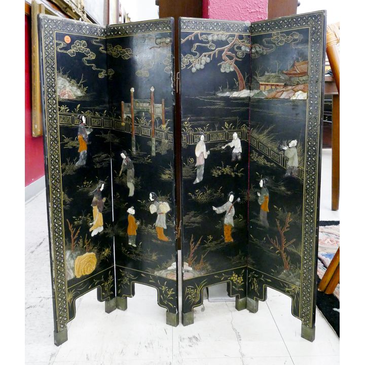 Old Chinese Stone Applique 4 Panel Lacquered Small Screen- 35x35'' with scattered surface wear