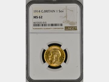 1914 GEORGE V LONDON MINT GOLD SOVEREIGN MS62