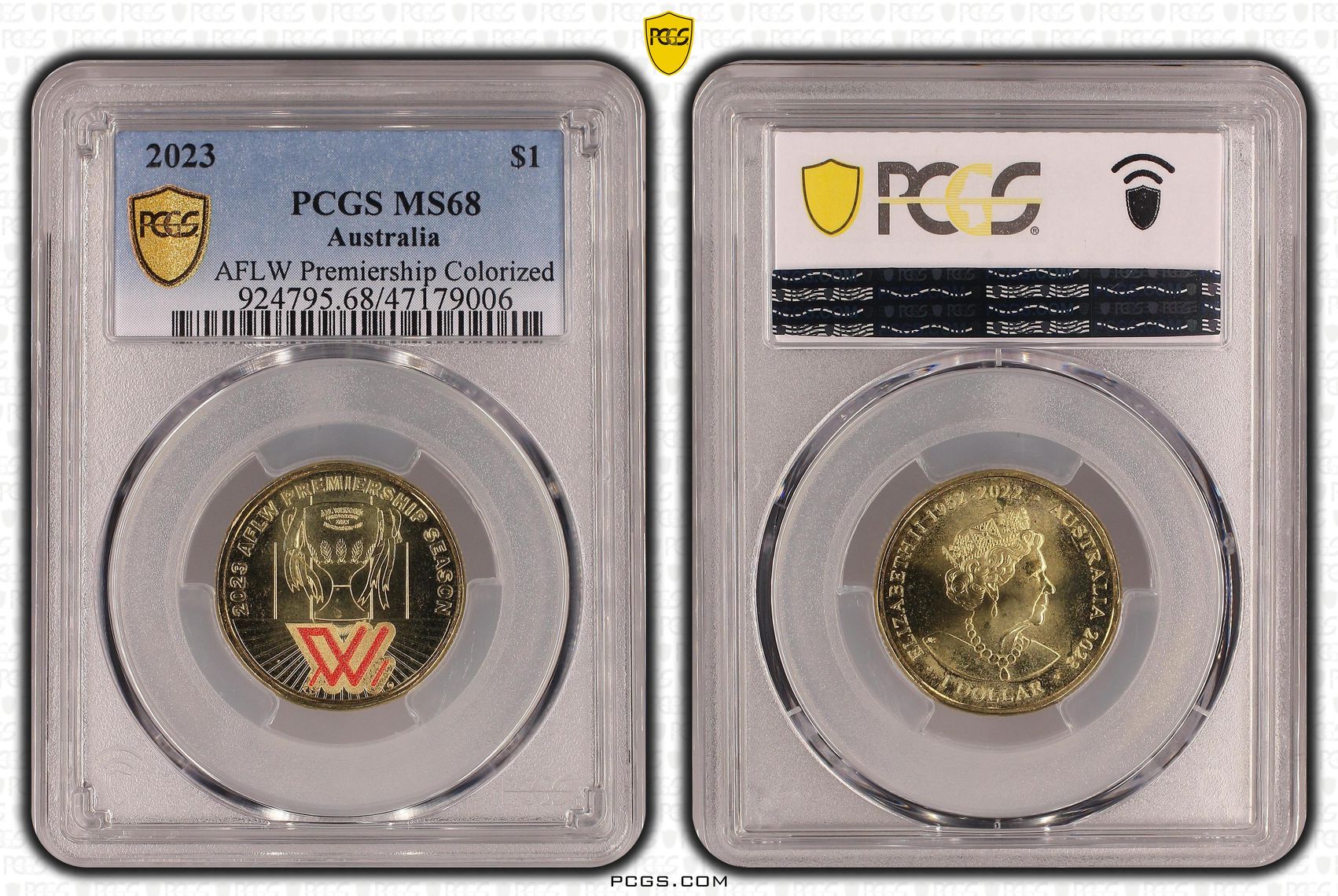 Elizabeth II, AFLW Premiership Colorized, One Dollar, 2023, PCGS MS68
