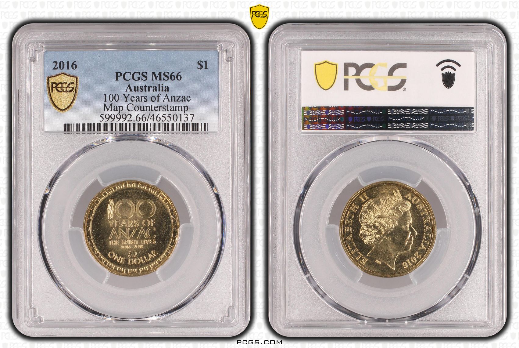 Elizabeth II, 100 Years of Anzac, Map Counterstamp, One Dollar, 2016, PCGS MS66