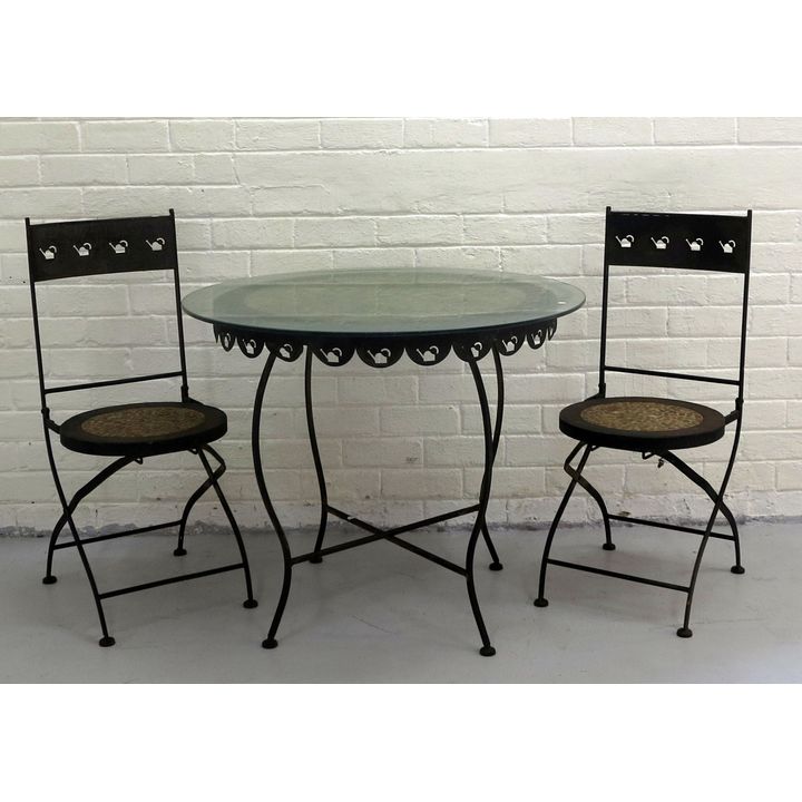 STONE INSET METAL GARDEN TABLE AND PAIR OF CHAIRS