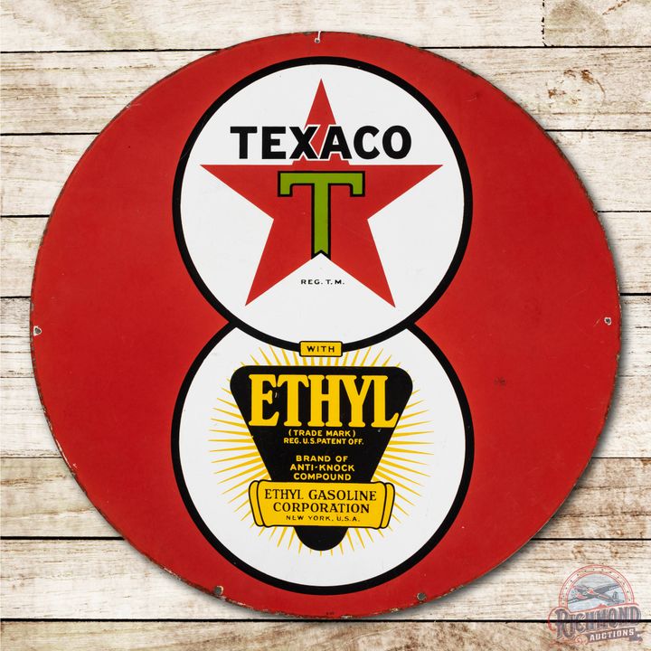 30" Texaco Black T "8 Ball" w/ Ethyl Logo Double Sided Porcelain Sign